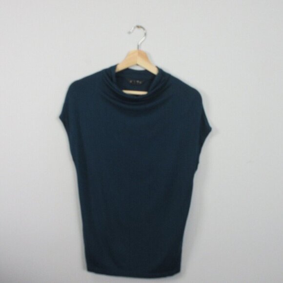 Club Monaco Short Sleeve Mock Neck Blouse Women S Blue Viscose Blend Boxy 172 - Picture 2 of 8